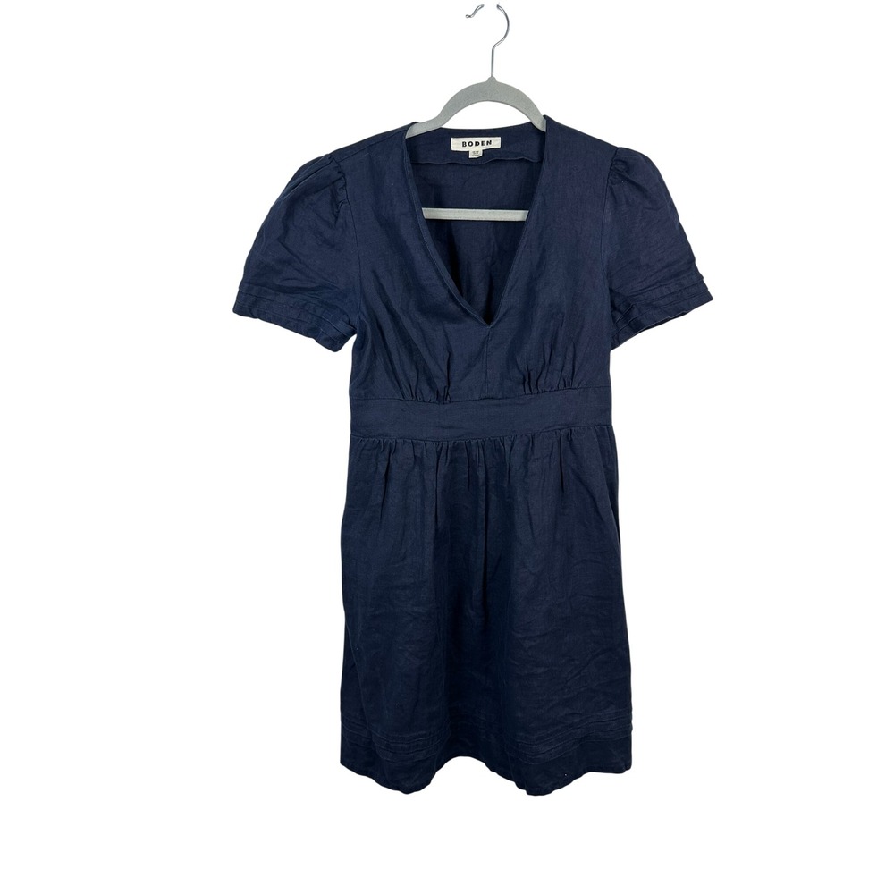Boden Linen V-Neck Dress Women 6P Navy Blue Excellent Smocked Back Pockets
